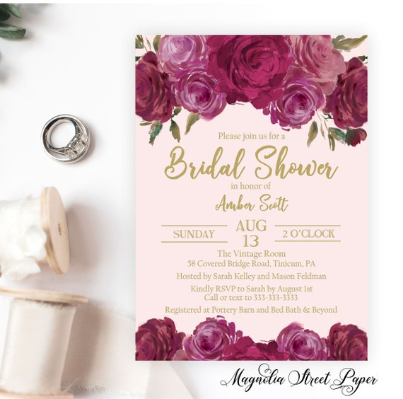 Watercolor Burgundy Floral Bridal Shower Invitation, Boho Blush and Gold Modern Rose Invite, Spring or Summer, Printable or Printed