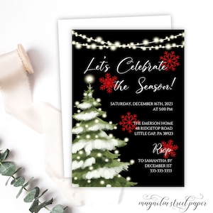 May include: A black and white Christmas party invitation with a green and white Christmas tree, white lights, and red snowflakes. The text reads "Let's Celebrate the Season!" with the date and time of the party, the address, and RSVP information.