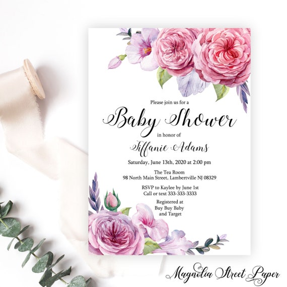 Spring Pink and Purple Floral Baby Shower Invitation, Vibrant Watercolor  Baby Girl invite, Bright and Colorful, Printable or Printed by Magnolia  Street Paper | Catch My Party