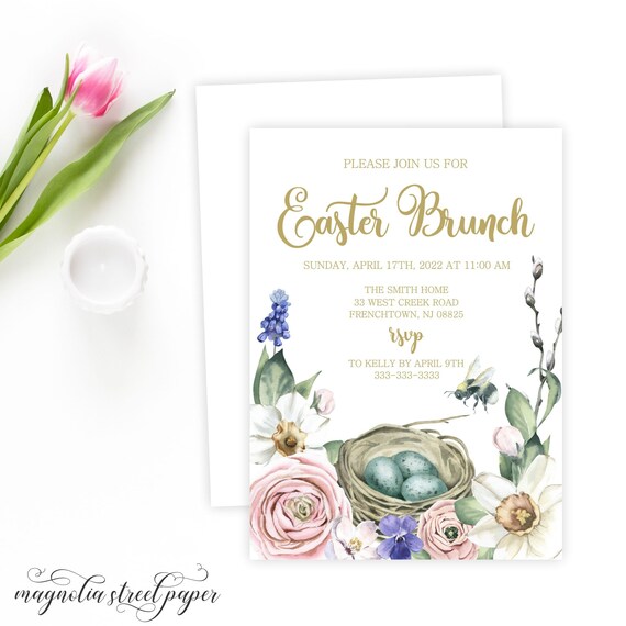 Easter Brunch Invitation, Watercolor Spring Flowers Dinner Invite, Daffodils, Nest With Eggs, Spring Celebration, Printable or Printed, E1