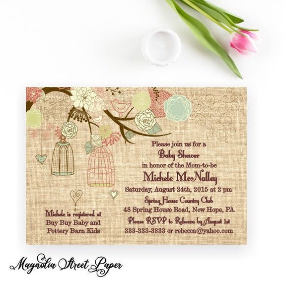 Rustic Burlap Baby Shower Invitation, Gender Neutral, Country Floral Birds and Birdcages Shower Invite, Printable or Printed Il_570xn