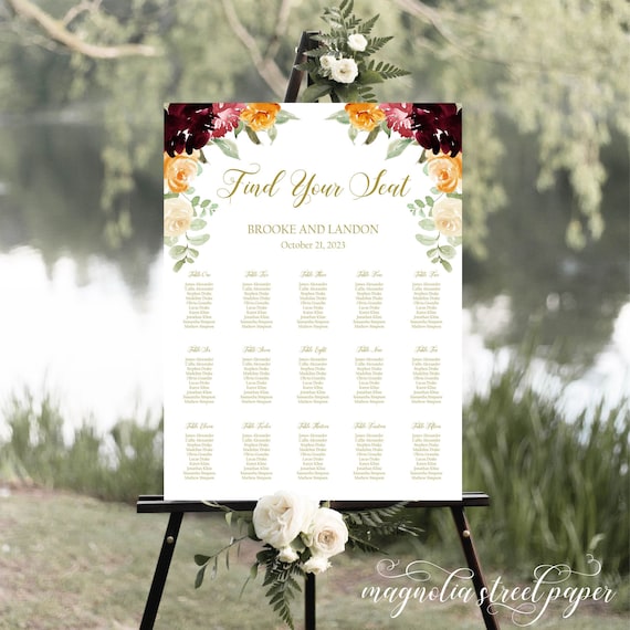 Fall Floral Wedding Seating Chart, Watercolor Burgundy, Pink, and Orange Guest List Signage, Table Seating Plan, Printable, F1