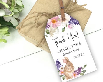 Somebunny Turning One First Birthday Favor Tags, Spring Bunny and Floral Thank You Tags, Bag or Hang Tags, Printable or Printed, L1