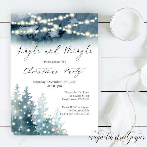 Watercolor Christmas Party Invitation, Pine Trees and Twinkle Lights Holiday Invite, Jingle and Mingle, Printable or Printed