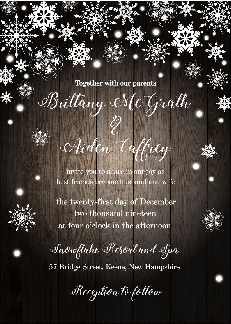 Rustic Winter Wedding Invitation, Snowflake Wedding Invitations, Elegant Christmas or December Wedding , Country Barn Wood Invite image 2