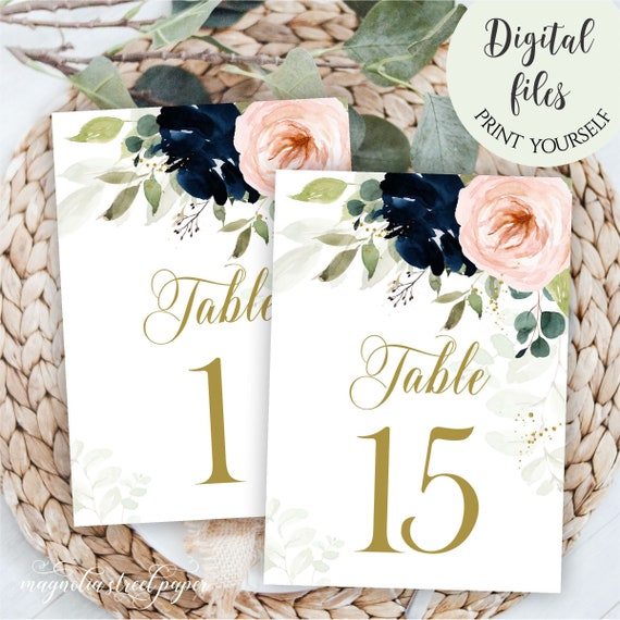 Navy and Blush Floral Table Numbers, 5 x 7 Printable Elegant Greenery and Flowers Tables 1 - 15, Spring Summer Wedding Reception, N1