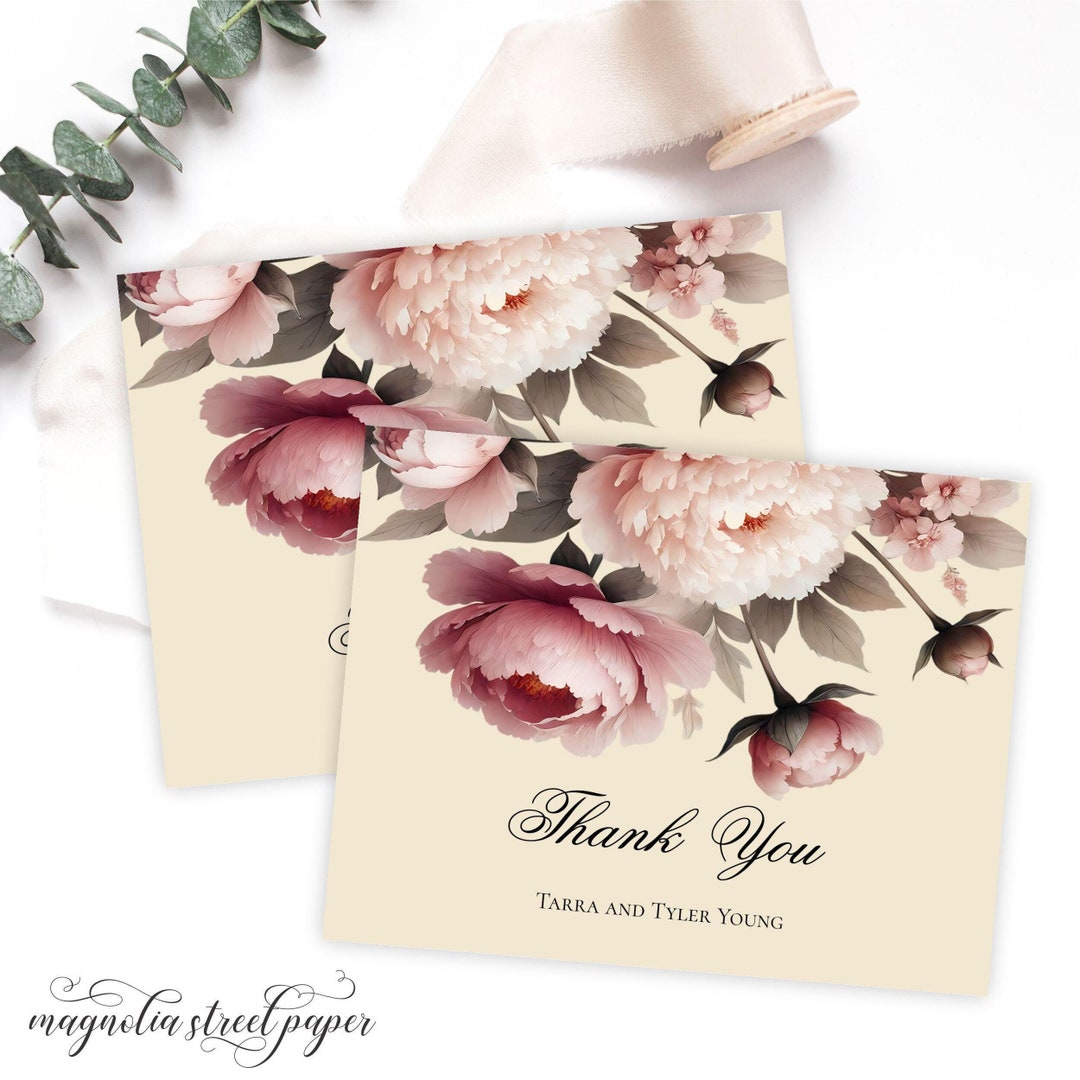 Pink Peony Floral Thank You Cards, Classic Vintage Floral Note Cards ...