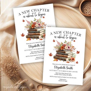 Fall Book Themed Bridal Shower Invitation, Vintage Books and Autumn Flowers and Leaves, A New Chapter About To Begin, Printable or Printed Bild 1