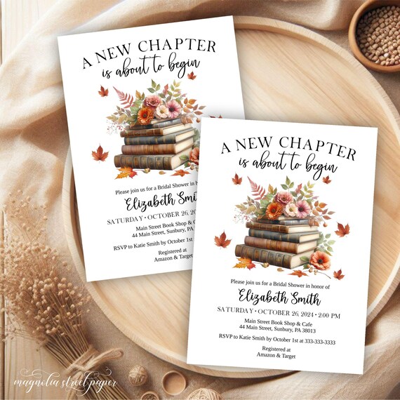 Fall Book Themed Bridal Shower Invitation, Vintage Books and Autumn Flowers and Leaves, A New Chapter About To Begin, Printable or Printed