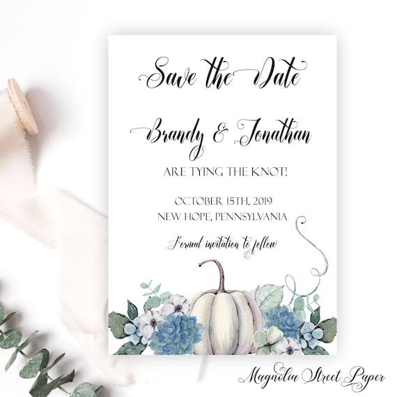 Autumn Save the Date, White Pumpkin and Dusty Blue Wedding Announcement, Fall October or Halloween, Printable or Printed