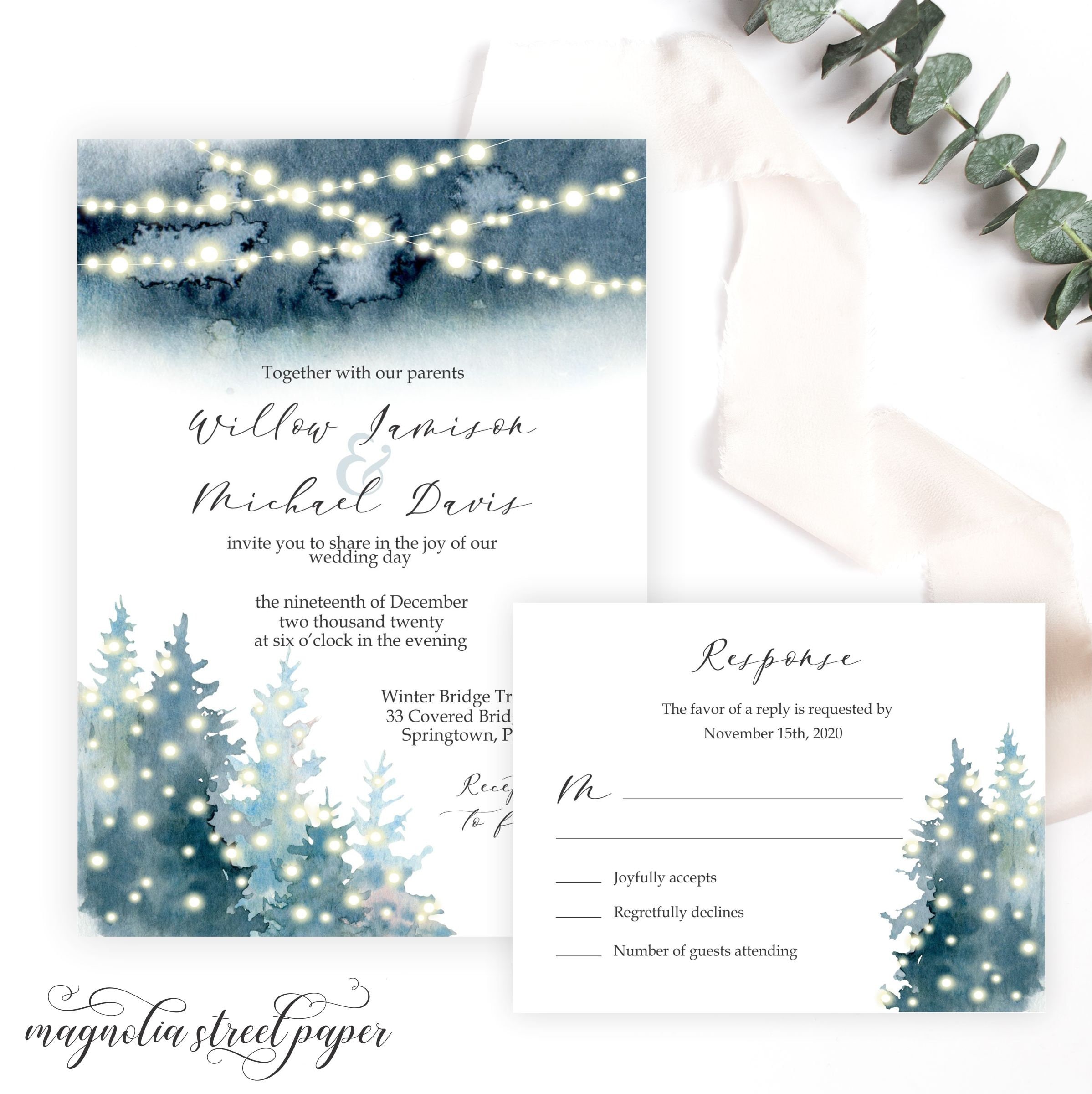 winter wedding invitation, pine trees and fairy lights, wonderland