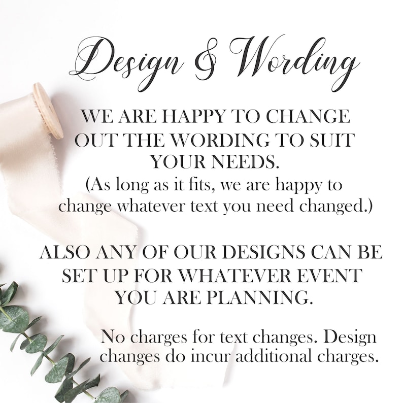 K&ouml;nnte beinhalten: Ein wei&szlig;er Hintergrund mit schwarzem Text, der "Design & Wording" lautet. Der Text setzt sich fort mit "Wir &auml;ndern gerne den Wortlaut, um Ihren Bed&uuml;rfnissen gerecht zu werden. (Solange es passt, &auml;ndern wir gerne jeden Text, den Sie &auml;ndern m&uuml;ssen.) Auch alle unsere Designs k&ouml;nnen f&uuml;r jede Veranstaltung eingerichtet werden, die Sie planen. Keine Geb&uuml;hren f&uuml;r Text&auml;nderungen. Design&auml;nderungen verursachen zus&auml;tzliche Kosten."