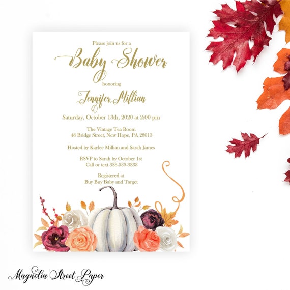 Fall Pumpkin Baby Shower Invitation, Watercolor White Pumpkin, Burgundy and Peach Floral Autumn Baby Invite, Printable or Printed
