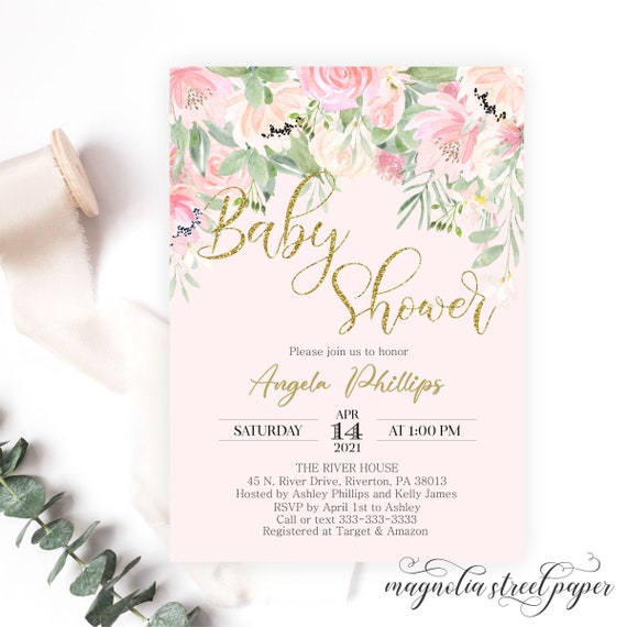 Pink and Gold Baby Shower Invitation, Blush and Bright Pink Floral Baby Girl Shower Invite, Spring or Summer , Printable or Printed