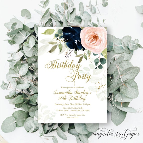 Navy and Blush Floral Birthday Party Invitation, Dreamy Watercolor Baby or Adult Invite, Boho Pink Blue Greenery, Printable or Printed Il_570xn