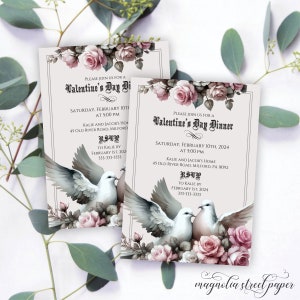 Valentine's Day Dinner Invitation, Valentine Party, Cocktail Party or Galentine Invite, Vintage Doves and Roses, Printable or Printed