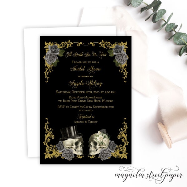 Halloween Goth Bridal Shower Invitation, Vintage Spooky Skulls Wedding or Couples Shower, Gray Floral Victorian, Printable or Printed