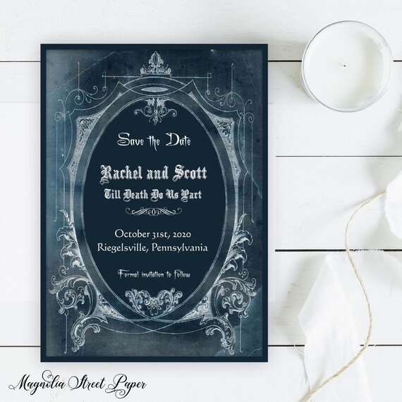 Vintage Halloween Save the Date, Haunted Goth October Wedding Announcement, Gothic Masquerade Wedding, Printable or Printed Il_570xn