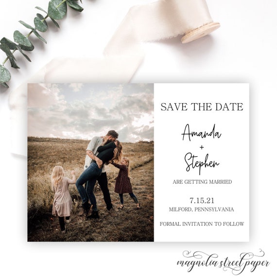 Minimalist Photo Save the Date, Simple Engagement Photograph Wedding Announcement, Printable or Printed