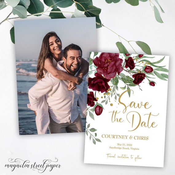 Burgundy and Gold Save the Date With Photo, Maroon Floral Wedding Announcement Card With Picture, Printable or Printed Il_570xn