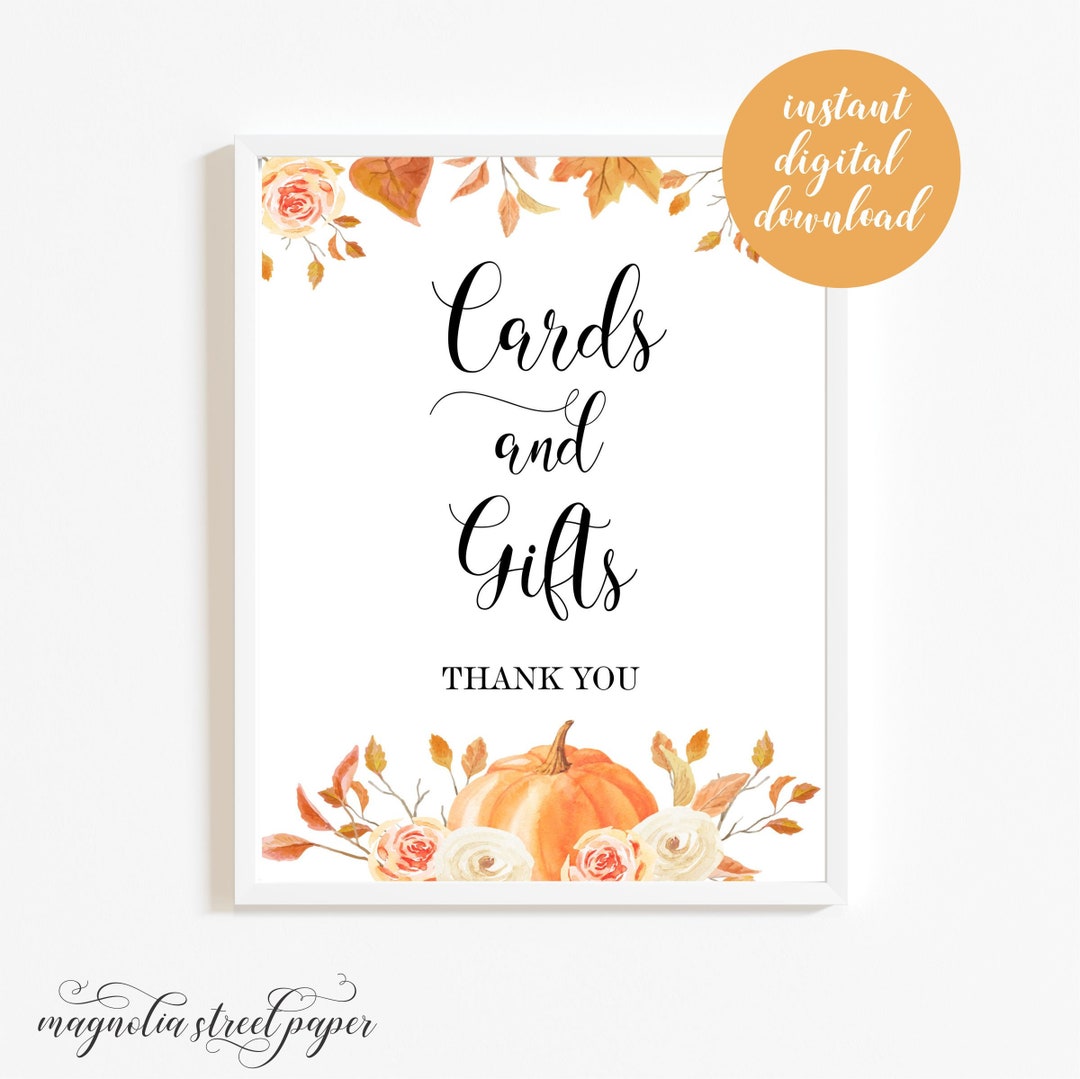 Fall Cards and Gifts Sign, Printable Pumpkin, Leaves and Floral Wedding ...