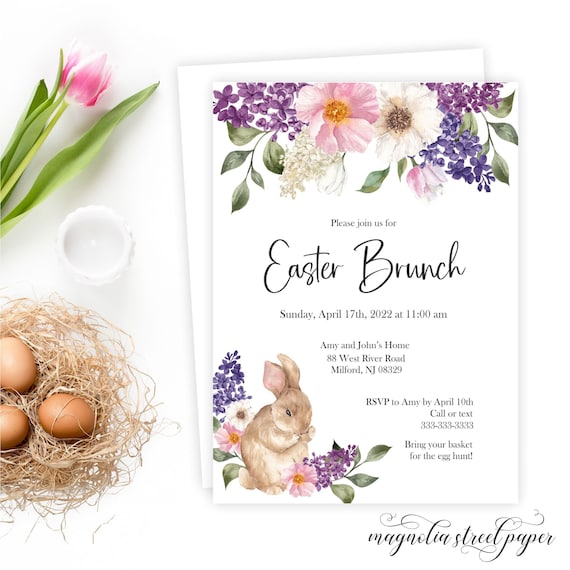 Easter Brunch Invitation, Bunny and Flowers Easter Dinner Invite, Family Spring Celebration and Egg Hunt, Printable or Printed, L1 Il_570xn