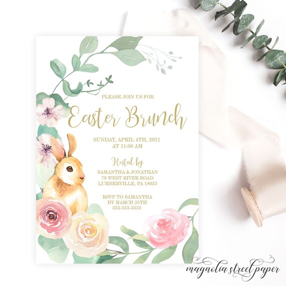 Easter Brunch Invitation, Bunny and Flowers Easter Dinner Invite, Family Spring Celebration and Egg Hunt, Printable or Printed