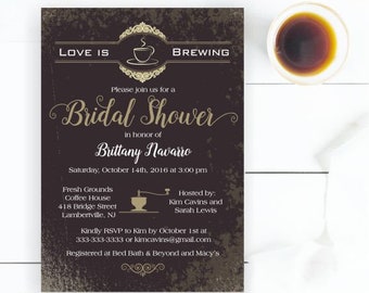 Love is Brewing Bridal Shower Invitation, Coffee Shop Themed Black and Gold Wedding Shower Invite, Printable or Printed