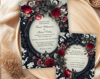 Dark Fairytale Wedding Invitation, Elegant Vintage Fantasy Gothic Suite With Red Roses, Halloween or Masquerade, Printable or Printed