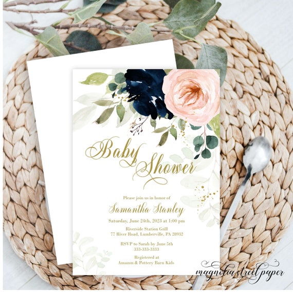 Navy and Blush Floral Baby Shower Invitation, Dreamy Watercolor Gender Neutral Invite, Boho Pink Blue Greenery, Printable or Printed Il_570xn