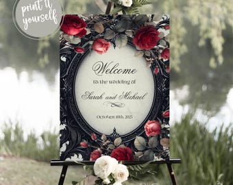 Elegant Vintage Goth Wedding Welcome Sign, Moody Dark Fairytale Red and Black Floral Reception Signage, Gothic Victorian, Printable