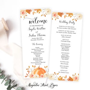 May include: Wedding program featuring a fall theme with floral and pumpkin illustrations. The program includes the names of the bride and groom, wedding party details, and ceremony order. The text reads "Welcome" and "Wedding Party".