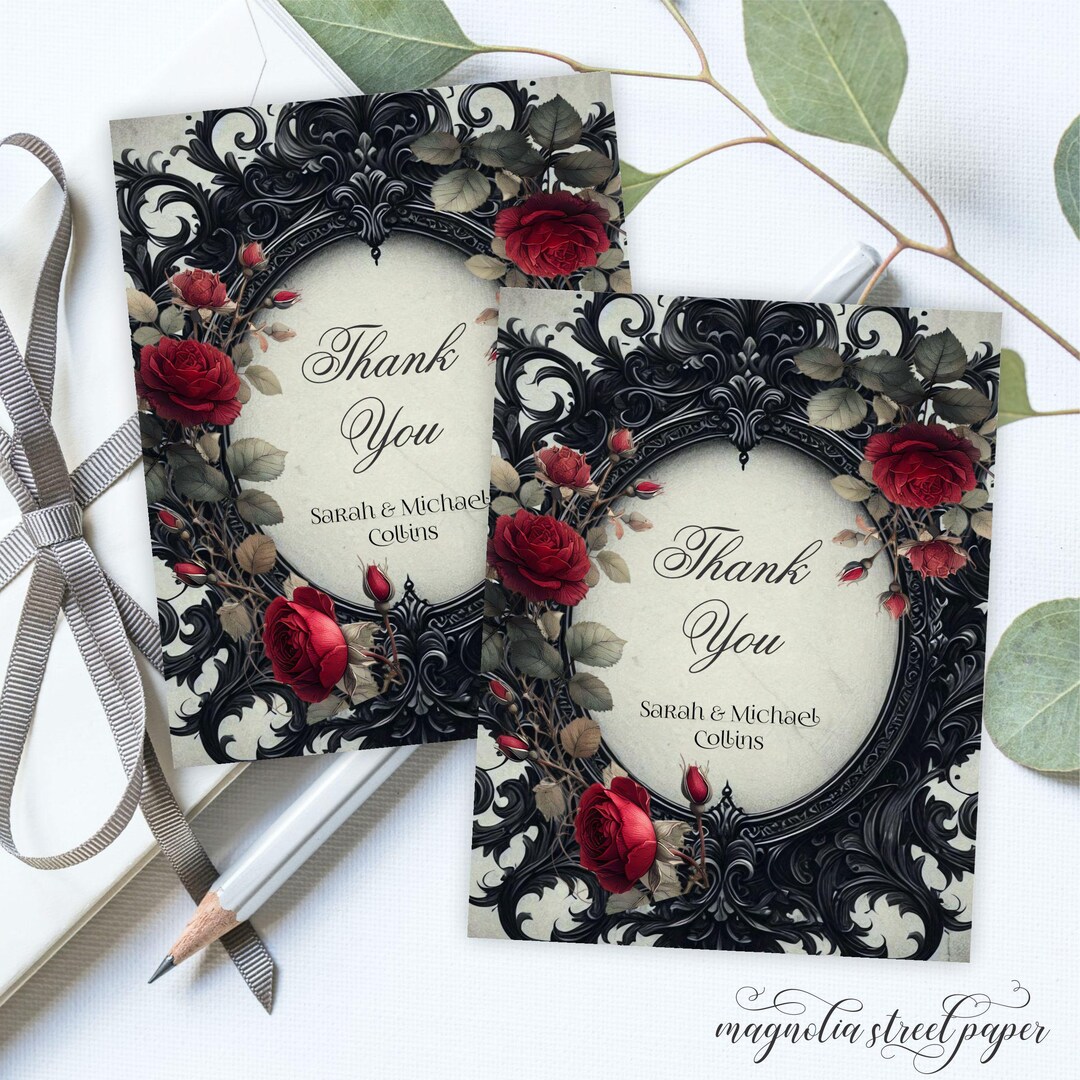 Elegant Vintage Gothic Thank You Cards, Printed Folding Red Roses ...