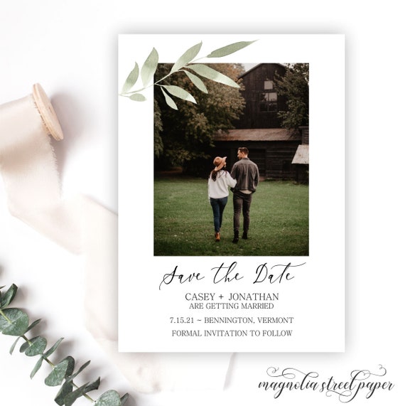 Minimalist Photo Save the Date, Greenery Botanical Wedding Announcement, Simple Boho Invitation, Printable or Printed