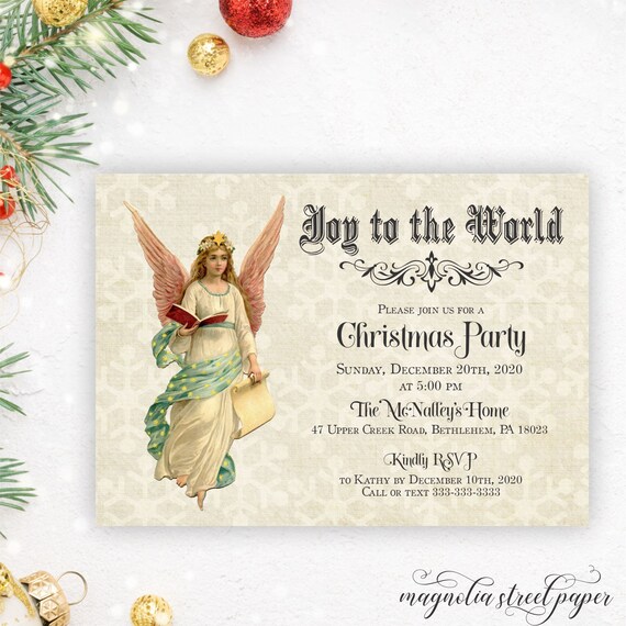 Christmas Party Invitation, Vintage Angel Holiday Party Invite, Religious Party, Event or Open House, Joy to the World, Printable or Printed