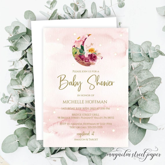 Celestial Baby Shower Invitation Pink and Gold Moon and Etsy