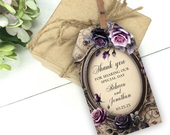 Elegant Vintage Goth Wedding Favor Tags, Black and Purple Roses Fantasy Gothic Thank You Tags, Victorian Fairytale, Printable or Printed