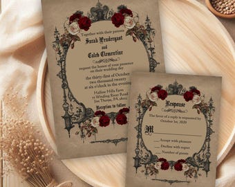 Elegant Fairytale Wedding Invitation, Gothic Medieval Fantasy Theme with Burgundy Roses, Shabby Victorian Suite, Printable or Printed