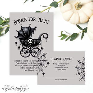 Tirage au sort de livres pour bébé et de couches pour une fête prénatale gothique d'Halloween, une fête goth effrayante et effrayante, sans distinction de sexe
