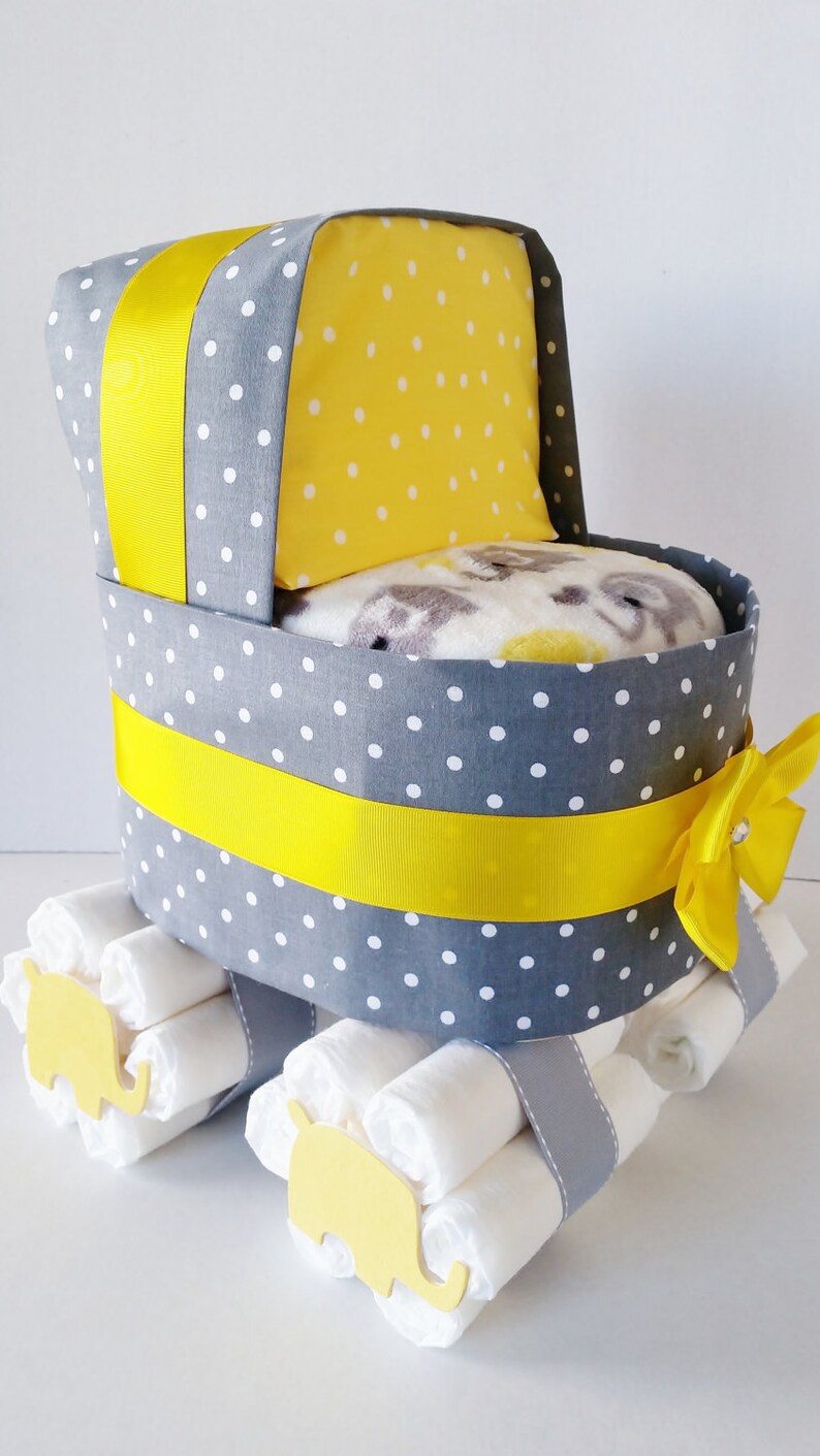 Elephant Diaper Cake Stroller Yellow And Grey Elephant Baby Etsy