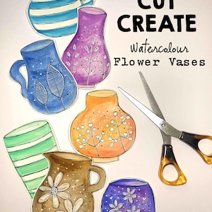 May include: Watercolor flower vase cutouts in various colors, including blue, purple, orange, and brown. Some vases have floral or leaf designs. The image also includes a pair of scissors and the text "PRINT CUT CREATE Watercolour Flower Vases."