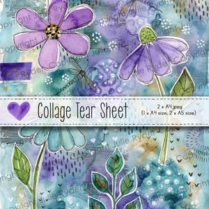 Könnte beinhalten: Aquarell-Collage-Tear-Sheet mit lila Blumen, Libellen und Blättern auf blau-violettem Hintergrund. Der Text "Collage Tear Sheet" wird mit Größenangaben angezeigt. Das Kunstwerk hat eine handgemalte Ästhetik.