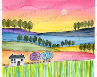 A3 sized Watercolour and Pencil Flower Meadow Landscape on paper Whimsical trees farmhouse Colourful