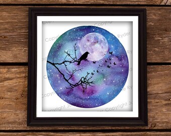 Instant Download Watercolour Print Blue Purple green with Tree Branch, Birds and butterflies with moon. 8 x 8 inch