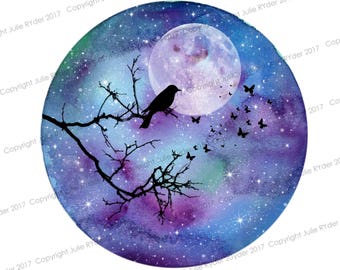 Watercolour Print Blues, Purples with Bird sitting on Tree Branch, Buttterflies and moon. 8 x 8 inch and 12 x 12 inch