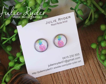 Acrylic Paint and Glass Cabochon Stud Earrings