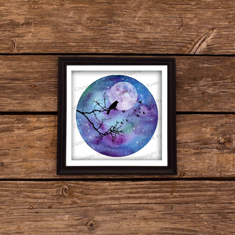 Instant Download Watercolour Print Blue Purple green with Tree Branch Birds and butterflies with moon 8 x 8 inch