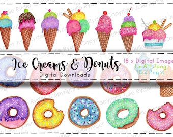 Printable Stickers Colourful Donuts and Ice Creams Digital Download  Art Journaling Invitations Scrapbooking Clip Art Collage Clip Art