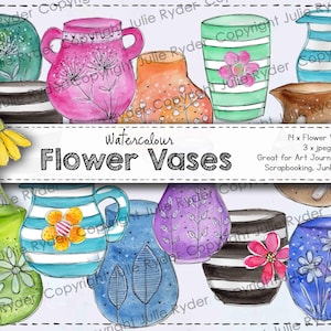 Op de afbeelding: Waterverfillustraties van verschillende bloemenvazen in verschillende vormen en kleuren, waaronder roze, oranje, groen en blauw. De afbeelding bevat de tekst "Watercolour Flower Vases".