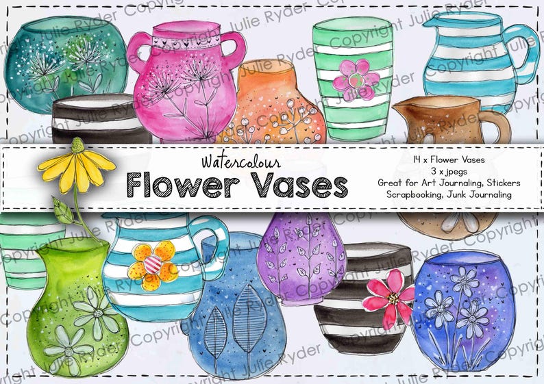 May include: Watercolor illustrations of various flower vases in different shapes and colors, including pink, green, orange, and blue. The image includes text that reads "Watercolour Flower Vases".